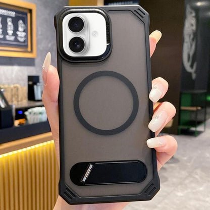 For iPhone 16 Skin Feel Frameless MagSafe PC Phone Case with Fold Holder(Black) by bashfashion