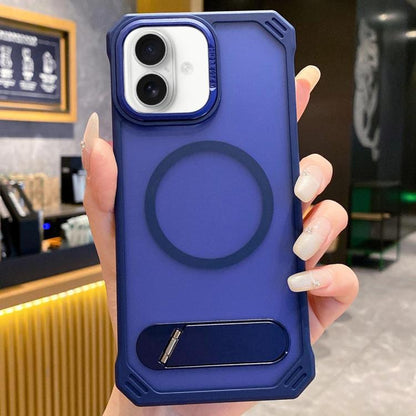 For iPhone 16 Skin Feel Frameless MagSafe PC Phone Case with Fold Holder(Blue) by bashfashion