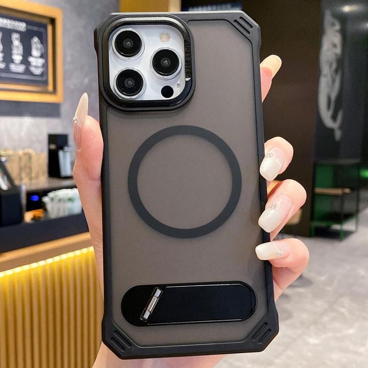 For iPhone 16 Pro Skin Feel Frameless MagSafe PC Phone Case with Fold Holder(Black) by bashfashion