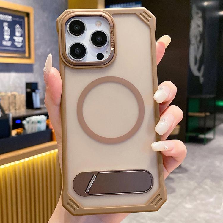 For iPhone 16 Pro Skin Feel Frameless MagSafe PC Phone Case with Fold Holder(Desert Gold) by bashfashion