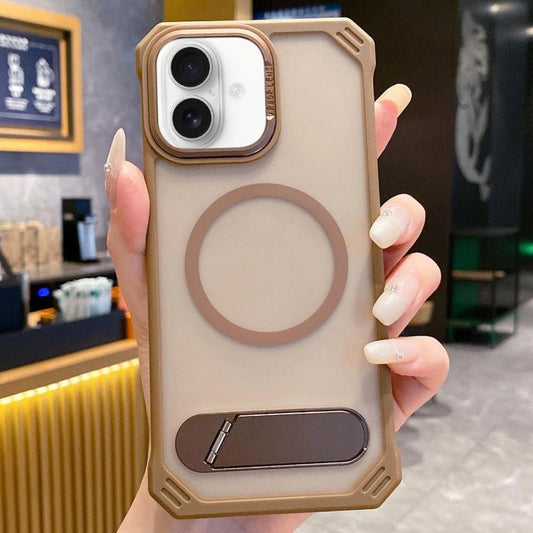 For iPhone 16 Plus Skin Feel Frameless MagSafe PC Phone Case with Fold Holder(Desert Gold) by bashfashion