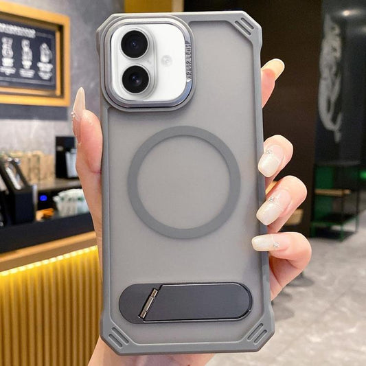 For iPhone 16 Plus Skin Feel Frameless MagSafe PC Phone Case with Fold Holder(Grey) by bashfashion