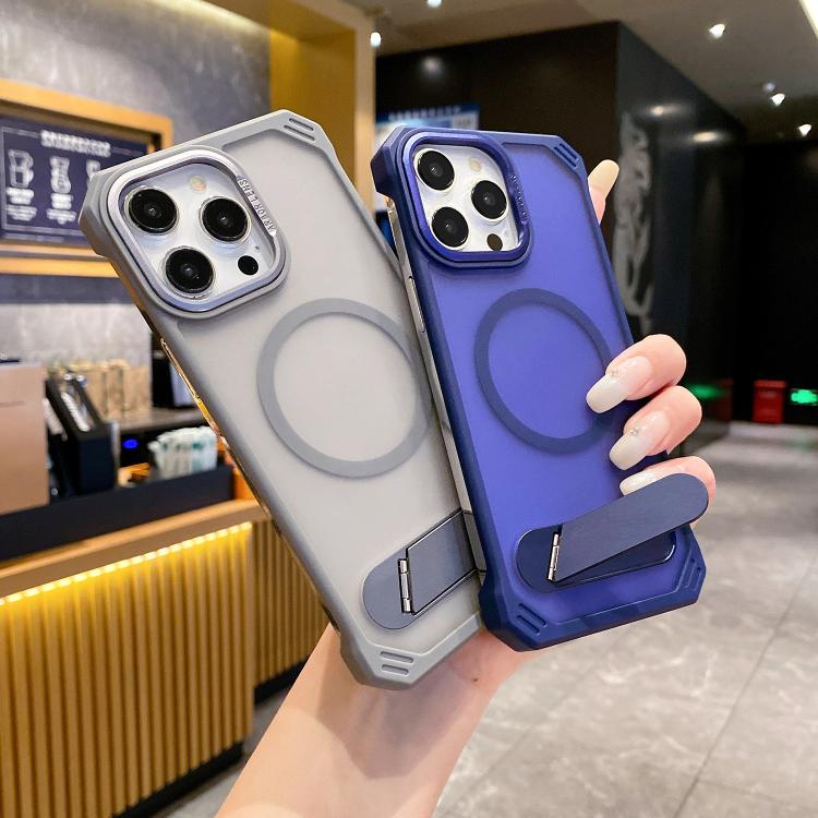 For iPhone 16 Plus Skin Feel Frameless MagSafe PC Phone Case with Fold Holder(Blue) by bashfashion