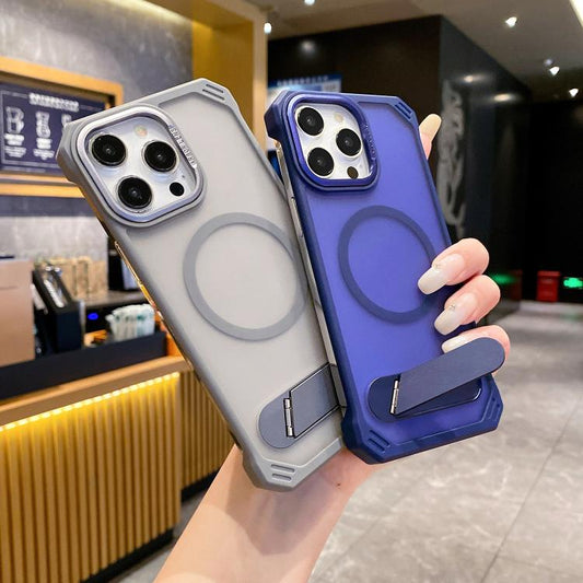 For iPhone 13 Pro Skin Feel Frameless MagSafe PC Phone Case with Fold Holder(Blue) by bashfashion