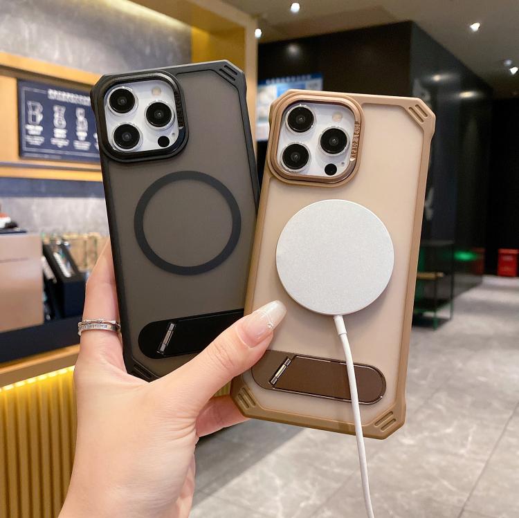 For iPhone 16 Plus Skin Feel Frameless MagSafe PC Phone Case with Fold Holder(Desert Gold) by bashfashion