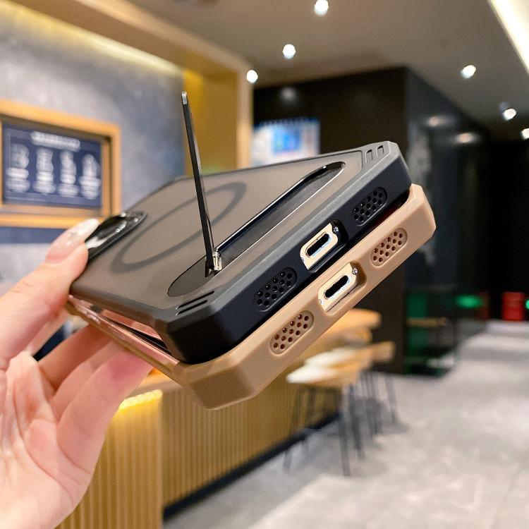 For iPhone 13 Skin Feel Frameless MagSafe PC Phone Case with Fold Holder(Desert Gold) by bashfashion