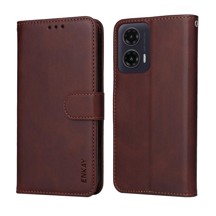 For Motorola Moto G35 ENKAY Card Wallet Calf Texture Leather Phone Case with Screen Film(Red) by ENKAY