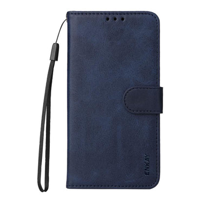 For Motorola Moto G35 ENKAY Card Wallet Calf Texture Leather Phone Case with Screen Film(Blue) by ENKAY