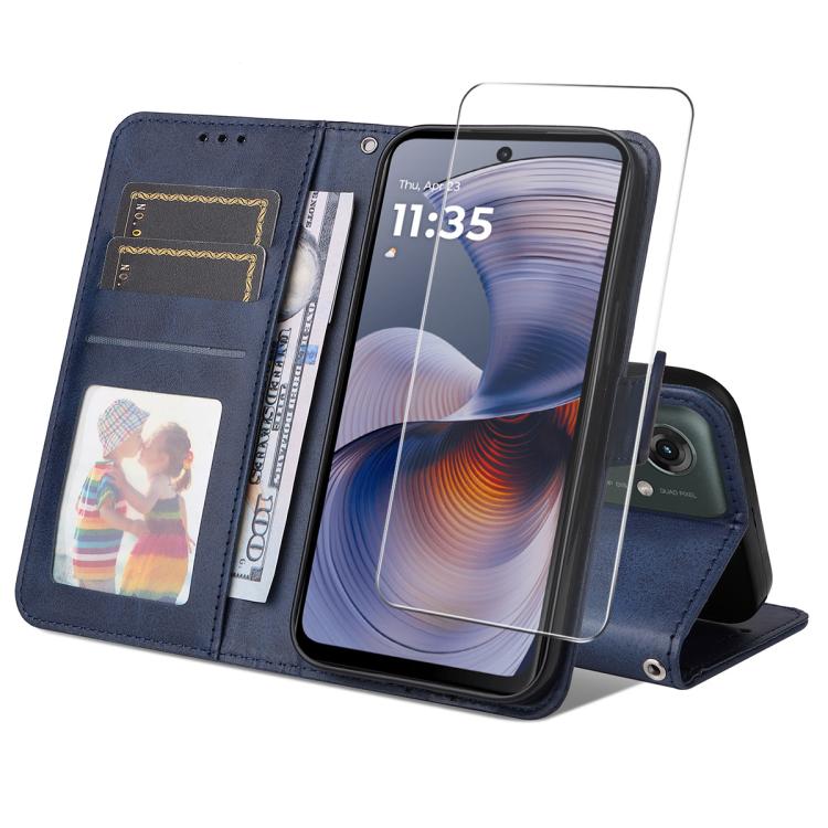 For Motorola Moto G55 ENKAY Card Wallet Calf Texture Leather Phone Case with Screen Film(Blue) by ENKAY