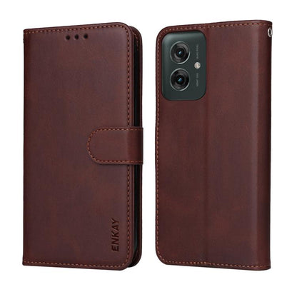 For Motorola Moto G55 ENKAY Card Wallet Calf Texture Leather Phone Case with Screen Film(Brown) by ENKAY