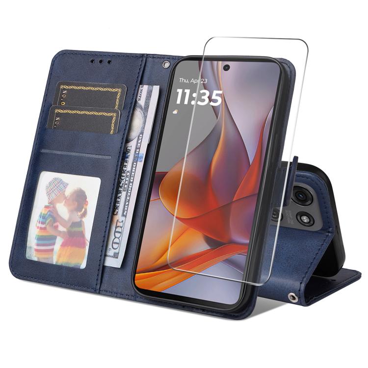 For Motorola Moto G75 ENKAY Card Wallet Calf Texture Leather Phone Case with Screen Film(Blue) by ENKAY