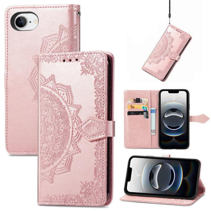 For iPhone 16e Mandala Flower Embossed Leather Phone Case(Rose Gold) by bashfashion