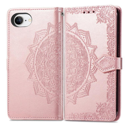 For iPhone 16e Mandala Flower Embossed Leather Phone Case(Rose Gold) by bashfashion