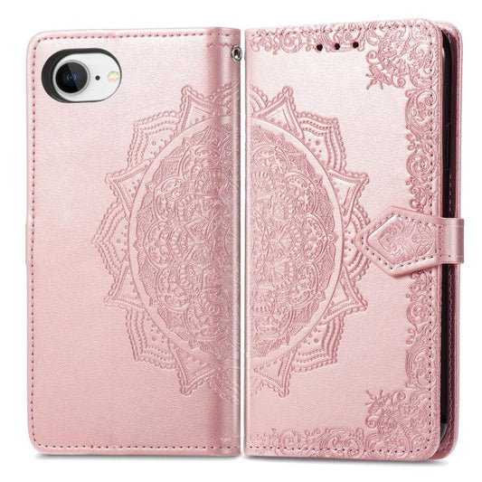 For iPhone 16e Mandala Flower Embossed Leather Phone Case(Rose Gold) by bashfashion