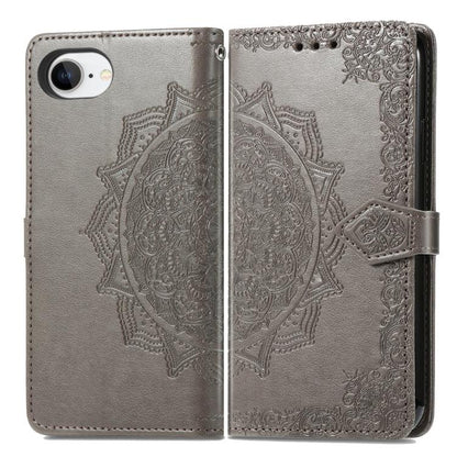 For iPhone 16e Mandala Flower Embossed Leather Phone Case(Gray) by bashfashion