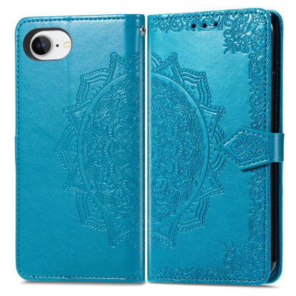 For iPhone 16e Mandala Flower Embossed Leather Phone Case(Blue) by bashfashion