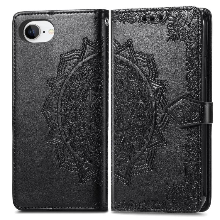 For iPhone 16e Mandala Flower Embossed Leather Phone Case(Black) by bashfashion