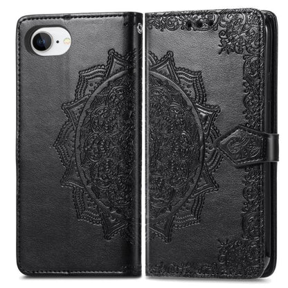 For iPhone 16e Mandala Flower Embossed Leather Phone Case(Black) by bashfashion