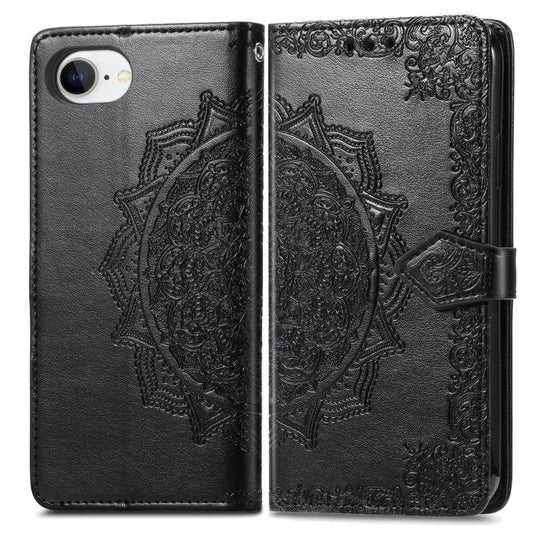 For iPhone 16e Mandala Flower Embossed Leather Phone Case(Black) by bashfashion