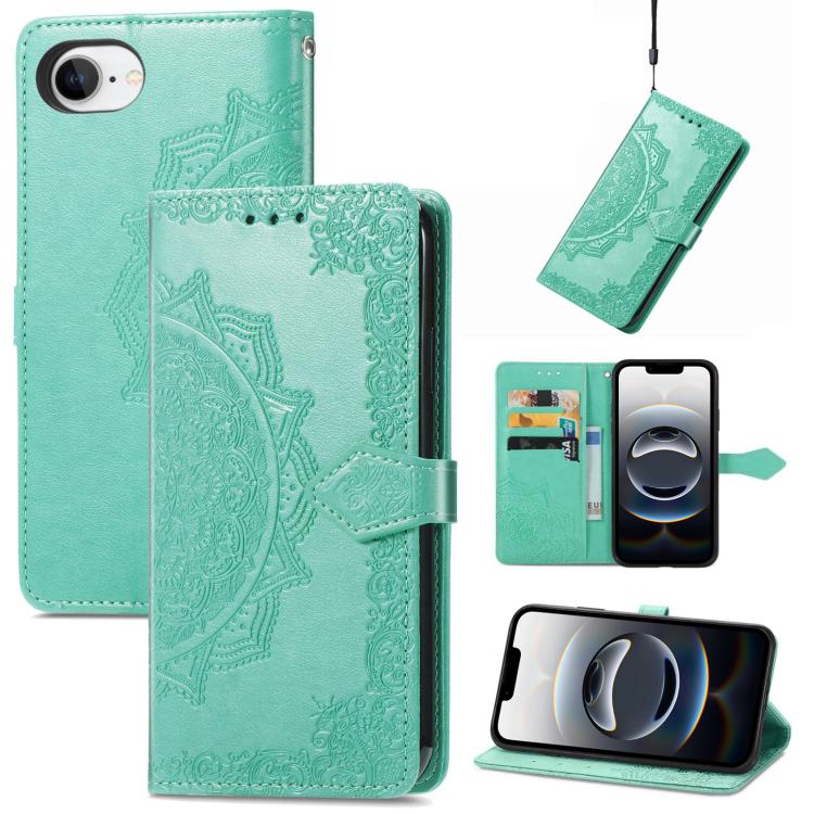 For iPhone 16e Mandala Flower Embossed Leather Phone Case(Green) by bashfashion