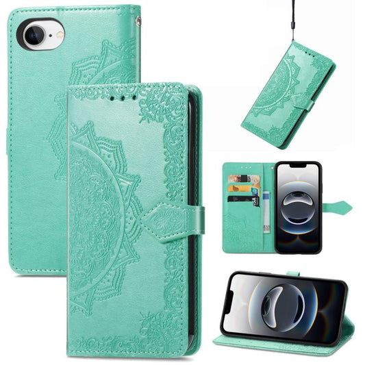 For iPhone 16e Mandala Flower Embossed Leather Phone Case(Green) by bashfashion