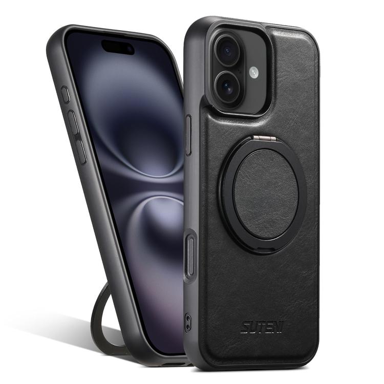 For iPhone 16 Suteni G3 Oil Wax 360 Rotation Holder MagSafe Back Phone Case(Black) by Suteni