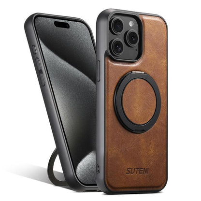 For iPhone 15 Pro Max Suteni G3 Oil Wax 360 Rotation Holder MagSafe Back Phone Case(Brown) by Suteni