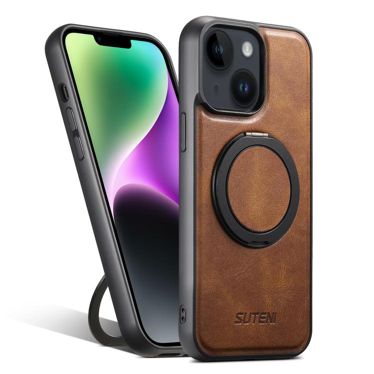 For iPhone 14 Plus Suteni G3 Oil Wax 360 Rotation Holder MagSafe Back Phone Case(Brown) by Suteni