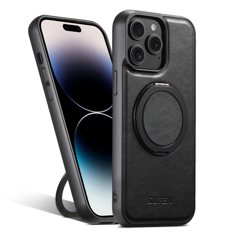 For iPhone 14 Pro Suteni G3 Oil Wax 360 Rotation Holder MagSafe Back Phone Case(Black) by Suteni