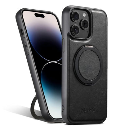 For iPhone 14 Pro Suteni G3 Oil Wax 360 Rotation Holder MagSafe Back Phone Case(Black) by Suteni