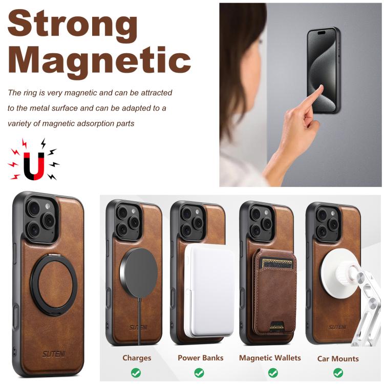 For iPhone 13 Suteni G3 Oil Wax 360 Rotation Holder MagSafe Back Phone Case(Brown) by Suteni