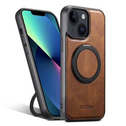 For iPhone 13 Suteni G3 Oil Wax 360 Rotation Holder MagSafe Back Phone Case(Brown) by Suteni