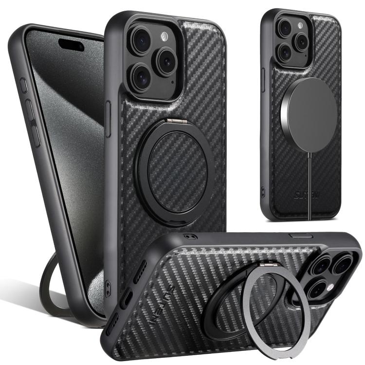 For iPhone 15 Pro Suteni G3 Carbon Fiber Leather 360 Rotation Holder MagSafe Phone Case(Black) by Suteni