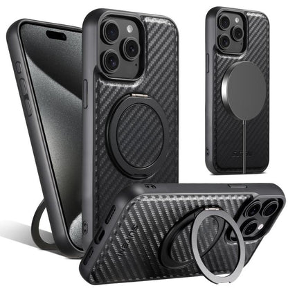 For iPhone 15 Pro Suteni G3 Carbon Fiber Leather 360 Rotation Holder MagSafe Phone Case(Black) by Suteni