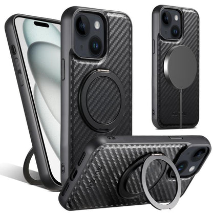 For iPhone 15 Suteni G3 Carbon Fiber Leather 360 Rotation Holder MagSafe Phone Case(Black) by Suteni