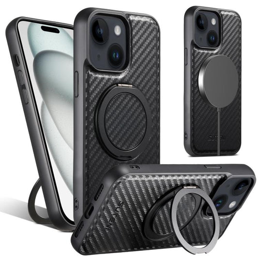 For iPhone 15 Suteni G3 Carbon Fiber Leather 360 Rotation Holder MagSafe Phone Case(Black) by Suteni