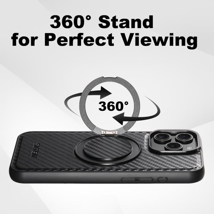 For iPhone 14 Plus Suteni G3 Carbon Fiber Leather 360 Rotation Holder MagSafe Phone Case(Black) by Suteni