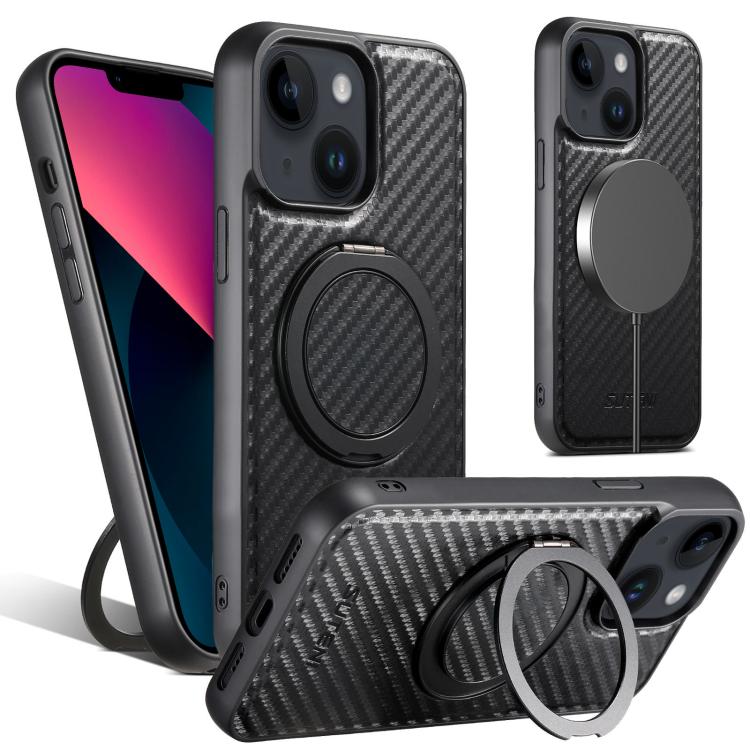 For iPhone 13 Suteni G3 Carbon Fiber Leather 360 Rotation Holder MagSafe Phone Case(Black) by Suteni