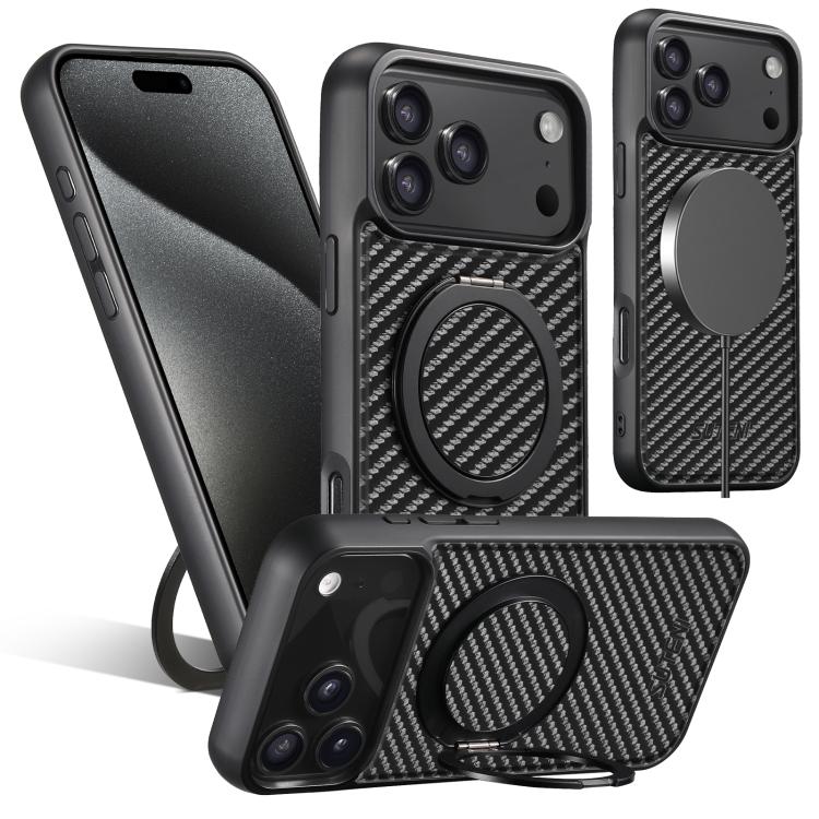 For iPhone 17 Pro Max Suteni G3 Carbon Fiber Leather 360 Rotation Holder MagSafe Phone Case(Black) by Suteni