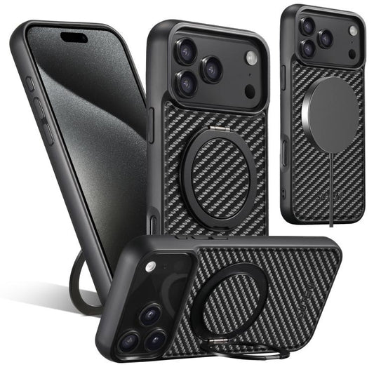 For iPhone 17 Pro Max Suteni G3 Carbon Fiber Leather 360 Rotation Holder MagSafe Phone Case(Black) by Suteni
