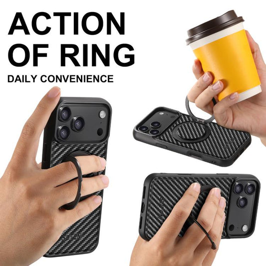 For iPhone 17 Pro Suteni G3 Carbon Fiber Leather 360 Rotation Holder MagSafe Phone Case(Black) by Suteni