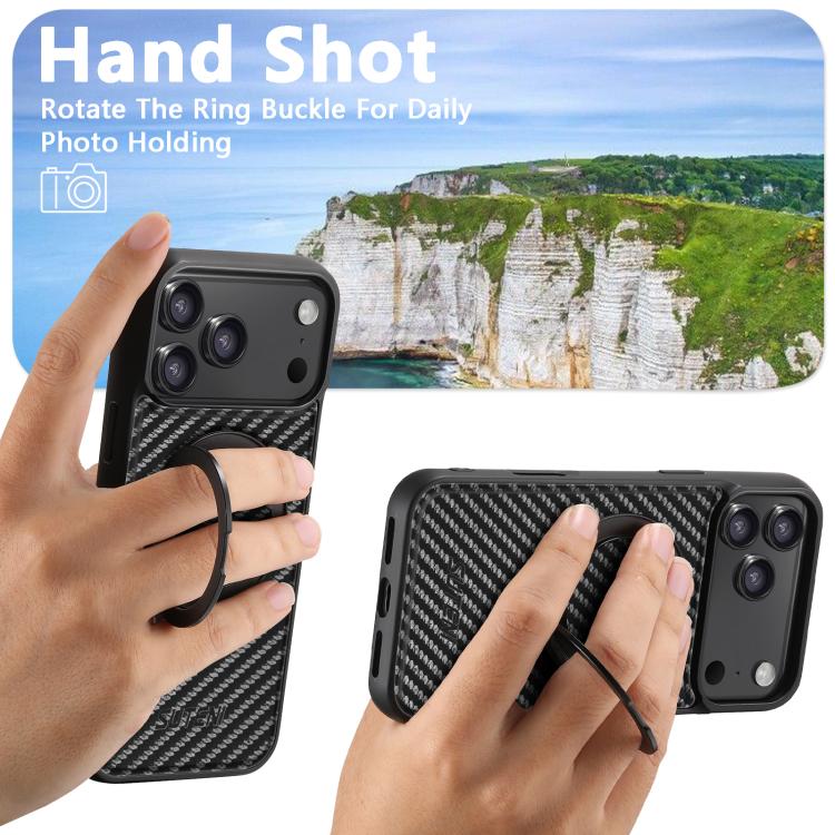 For iPhone 17 Pro Suteni G3 Carbon Fiber Leather 360 Rotation Holder MagSafe Phone Case(Black) by Suteni
