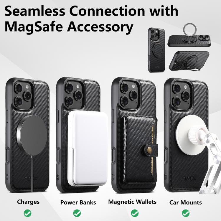 For iPhone 17 Suteni G3 Carbon Fiber Leather 360 Rotation Holder MagSafe Phone Case(Black) by Suteni