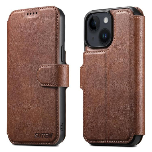 For iPhone 15 Plus Suteni Q05 2-in-1 Multi-function Detachable Wallet MagSafe Phone Case(Brown) by Suteni