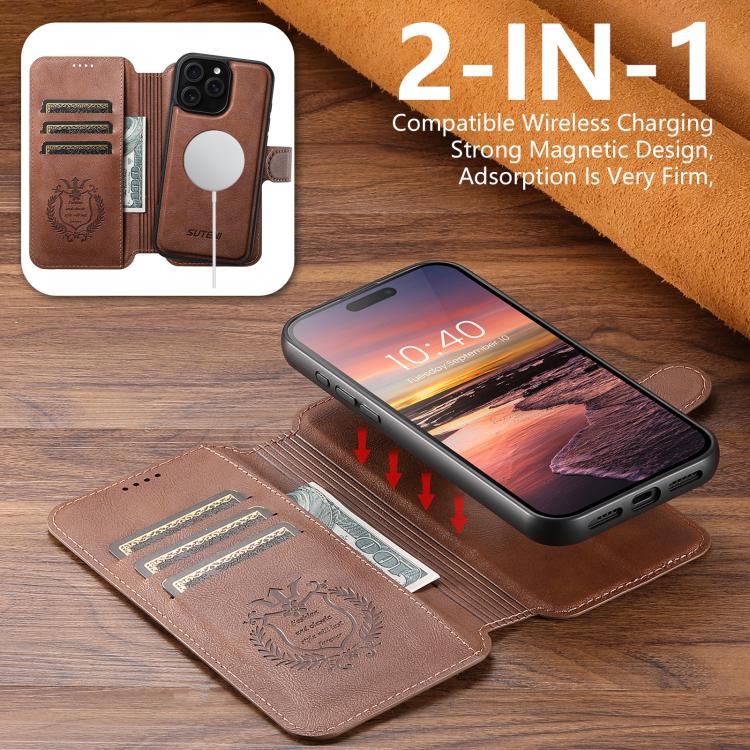 For iPhone 15 Plus Suteni Q05 2-in-1 Multi-function Detachable Wallet MagSafe Phone Case(Brown) by Suteni