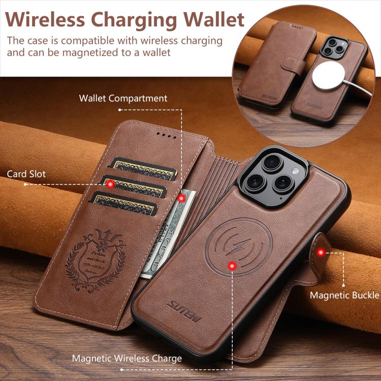 For iPhone 15 Plus Suteni Q05 2-in-1 Multi-function Detachable Wallet MagSafe Phone Case(Brown) by Suteni