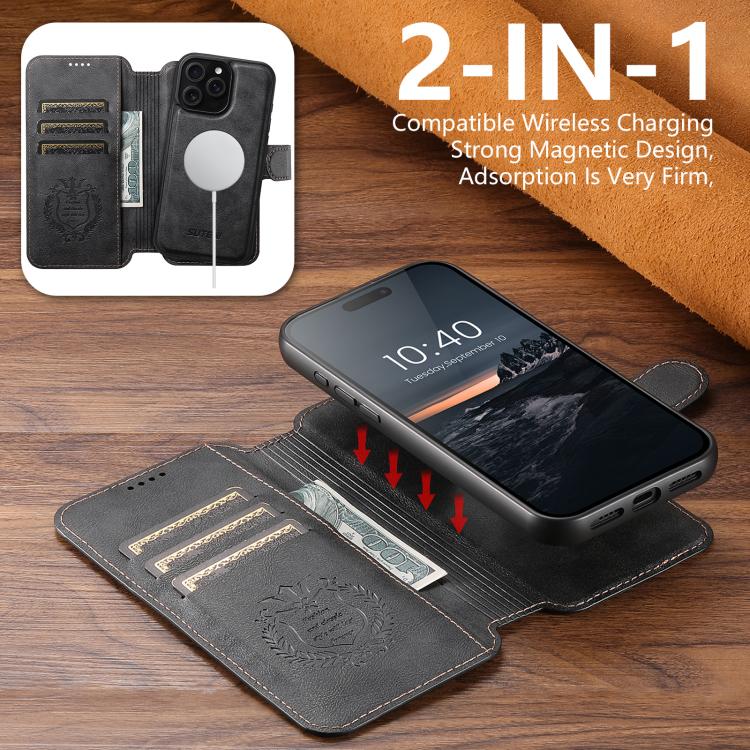 For iPhone 15 Suteni Q05 2-in-1 Multi-function Detachable Wallet MagSafe Phone Case(Black) by Suteni