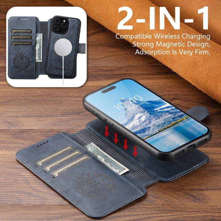 For iPhone 14 Suteni Q05 2-in-1 Multi-function Detachable Wallet MagSafe Phone Case(Blue) by Suteni