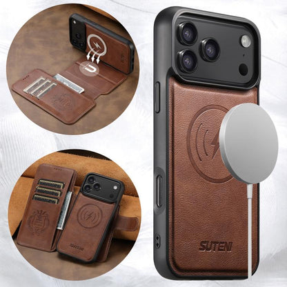 For iPhone 17 Pro Max Suteni Q05 2-in-1 Multi-function Detachable Wallet MagSafe Phone Case(Brown) by Suteni