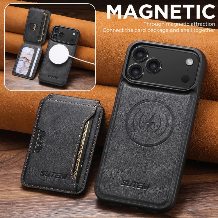For iPhone 17 Pro Max Suteni M3 Card Bag MagSafe Cowhide Texture Leather Phone Case(Black) by Suteni